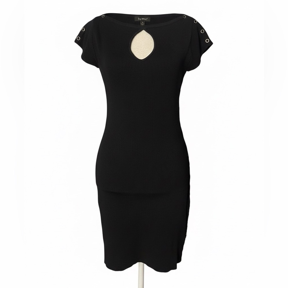 Say What? Black Ribbed Knit Grommet Sleeve Cutout Mini Dress Small - Perfect!
